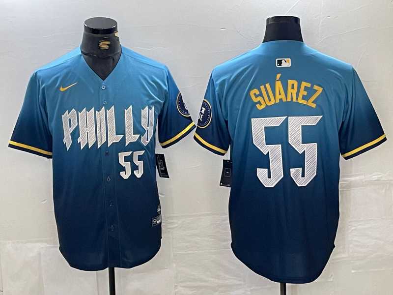 Mens Philadelphia Phillies #55 Ranger Suarez Blue 2024 City Player Number Cool Base Jersey->philadelphia phillies->MLB Jersey
